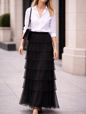 Vintage Tadashi 100% Silk Chiffon Tiered Maxi Skirt 90s Formal Evening Black 6